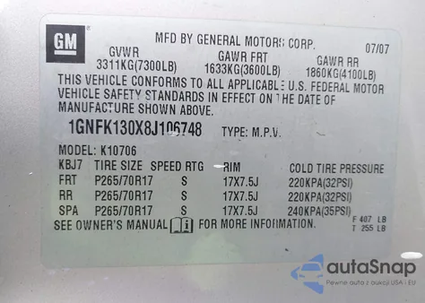 2008 Chevrolet Tahoe Ls z USA, uszkodzony, nr VIN 1GNFK130X8J106748